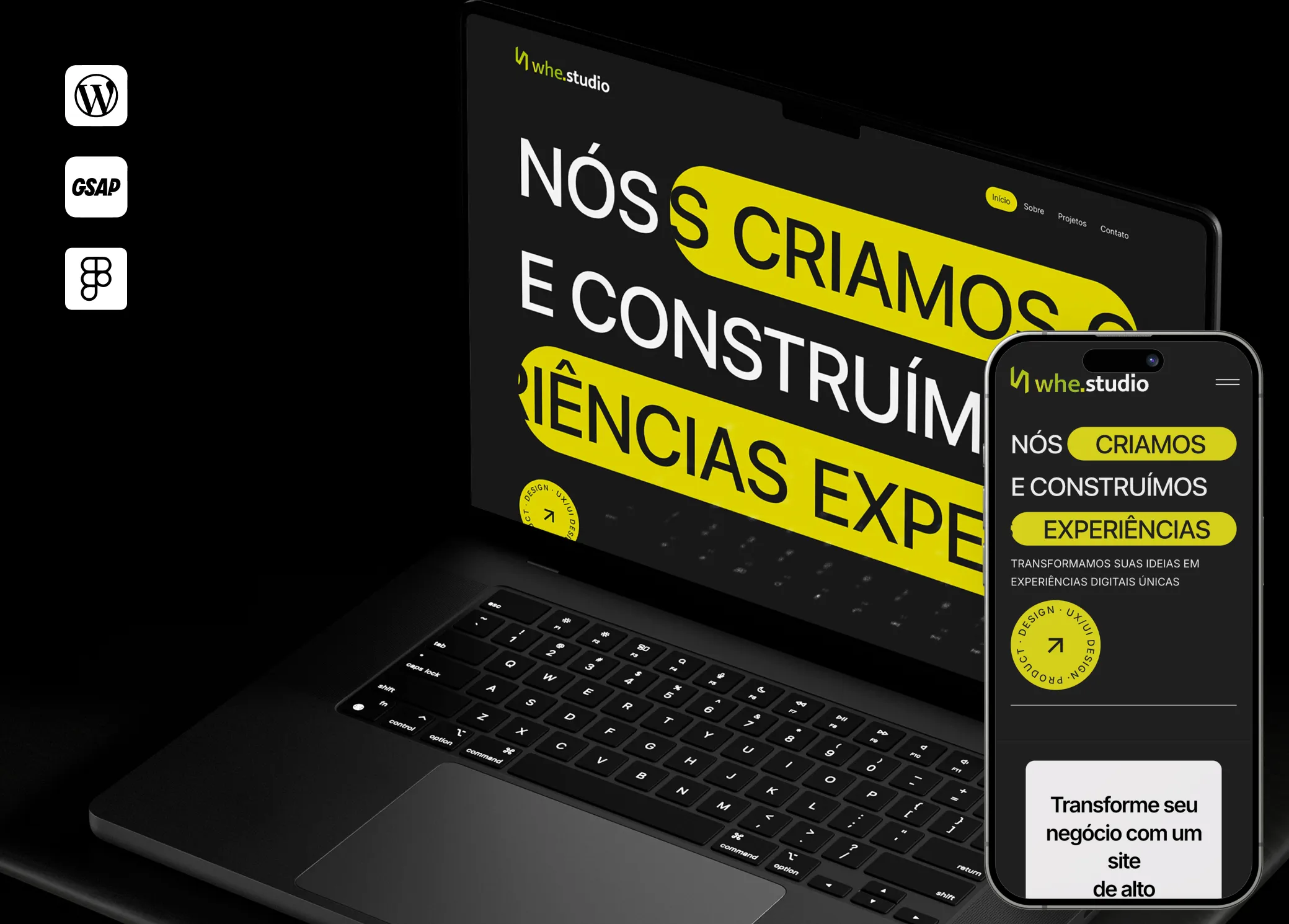 Apresentação da identidade digital da WHE Studio em telas de computador e celular.